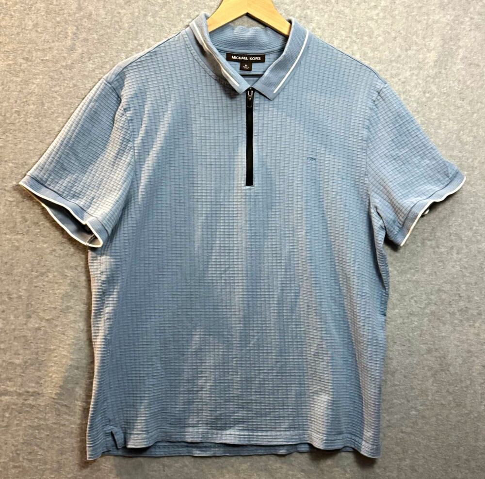 Michael Kors Mens XL Blue 1/4 Zip Knit Polo Shirt Solid Collared Logo